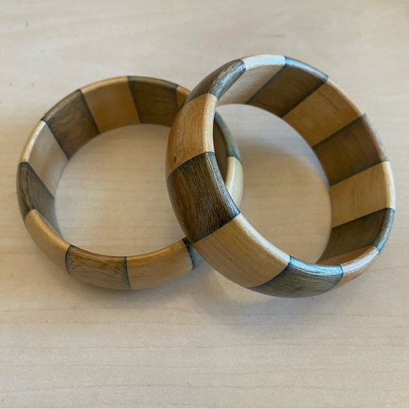 Chunky Two Tone Wooden Bangles 1 Pair - Picture 1 of 8